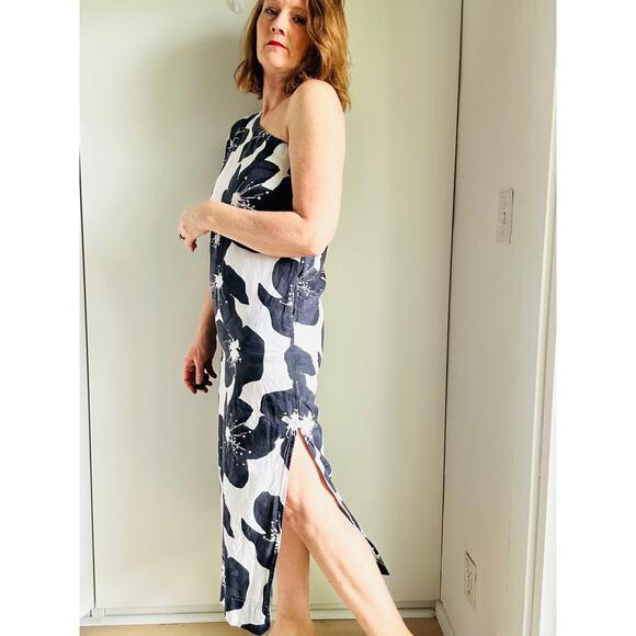 Something Navy Linen One Sleeve Midi Dress Floral Print Size Small Summer Vaca - Picture 5 of 13